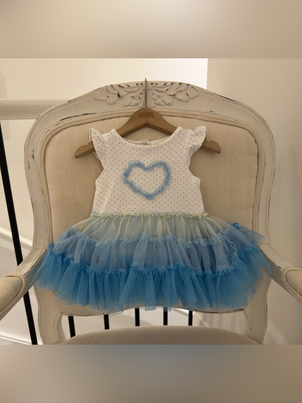 🤍 6~9 Mth White & Blue Tulle Multi Layered Heart & Polka Dot Baby Party Dress